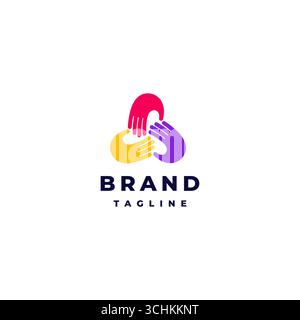 Three United Hands Icon Logo Design. Three Hands Color Gathering Logo Design. Stock Vector