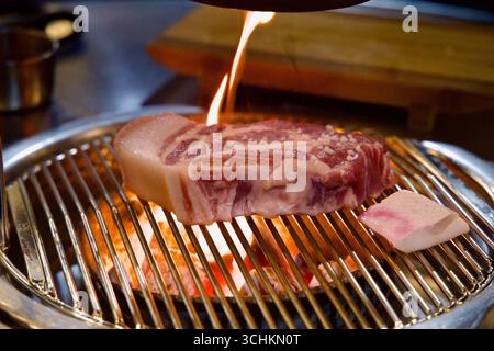 A short flare of fire licks the Jeju black pork as it cooks on a charcoal barbecue grill, with a cube of rind on the side and the metal hood hovering Stock Photo