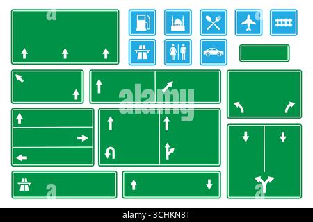 An extensive set of green road signs indicating directions and turns, alongside blue informational highway service icons for travelers. Stock Vector