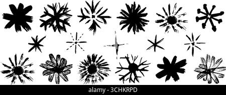 Black snowflakes vector set with frozen textures in chalk, crayon, charcoal, and marker style. A grunge holiday collection for kids featuring squiggle Stock Vector