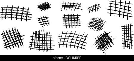 Set of crayon grids. Freehand vector chequered collage with wax scribble texture. Black pastel handmade geometry strokes create a graphic school Stock Vector