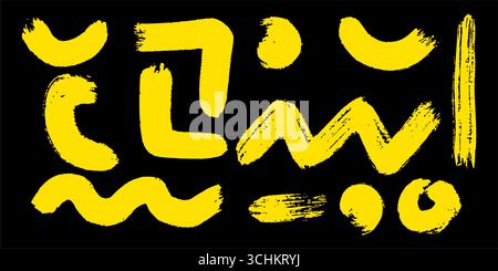 Grunge vector set with isolated brush stains. Features rough texture swash, curly strokes, triangle and circle shapes in yellow. Perfect for collage Stock Vector