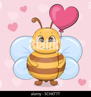 Cute cartoon Bee with heart shaped balloon. Vector illustration of an animal on a pink background with hearts and stars. Stock Vector