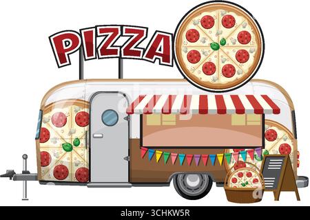 Vintage pizza food truck with striped awning, large pizza sign, and festive bunting illustration. Stock Vector