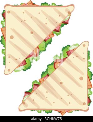 Vector illustration of two grilled sandwich halves with lettuce, bacon, tomato, and cheese Stock Vector