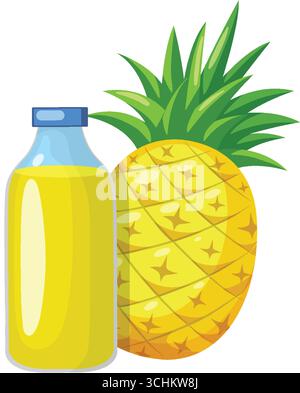 Bright vector of whole pineapple and juice bottle in bold, vibrant, flat design style. Stock Vector
