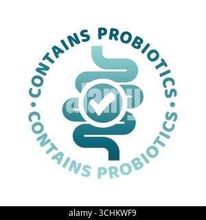 Contains probiotics colorful vector label. Bowels, intestines microbiome, microbiota or microflora good probiotic bacteria icon. Stock Vector
