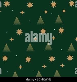 Seamless pattern with Christmas tree, star-shaped geometric elements in blue background. Print Ideal for Fabric, Textile, Wrapping Paper, wallpaper. Stock Vector