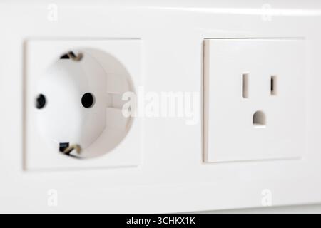 EU and US outlets. Minimal wall. Modern electrics Stock Photo