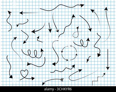 Vector Hand Drawn Arrows and Circles, Design Element Set, Black Arrows Isolated on graph Background. Stock Vector