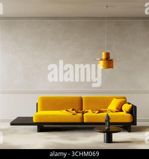 A minimalist modern living room with avant-garde elegance and industrial influence, featuring a bold yellow sofa and refined interior design. 3D illus Stock Photo