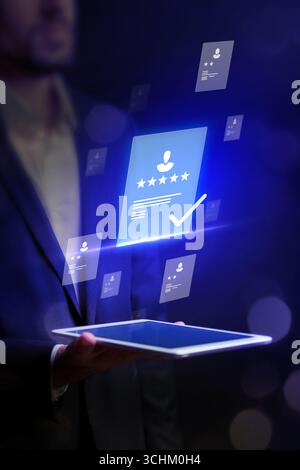 Digital interface showcasing user reviews and ratings in a modern business environment Stock Photo