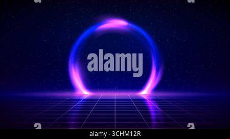 Retro futuristic background. Synthwave 80s style, neon color. Shining circle of space portal, laser, neon grid. 3d dark blue backdrop digital template Stock Vector