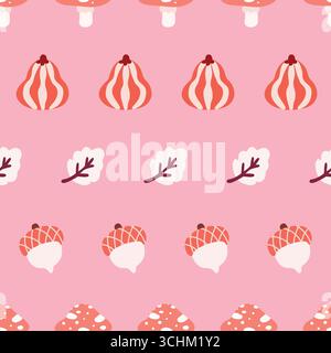 Pink Autumn Acorns Mushrooms Leaves Pattern Stock Vector