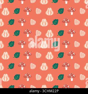Coral Red Autumn Mushrooms Leaves Acorns Pattern Stock Vector