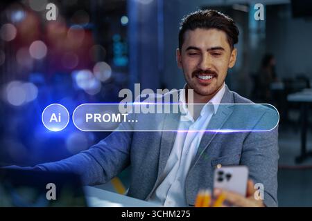 Man using smartphone with AI interface in modern office setting during evening hours Stock Photo
