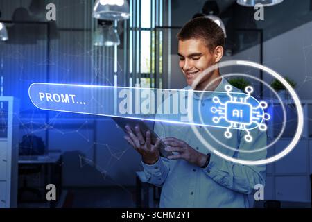 Young professional engages with AI technology in modern office setting while exploring digital innovations during work hours Stock Photo