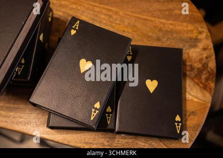 playing cards on a wooden table, close-up of the cards Stock Photo