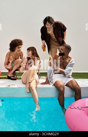 Young friends celebrate happiness at a lively pool party, enjoying drinks and laughter. Stock Photo