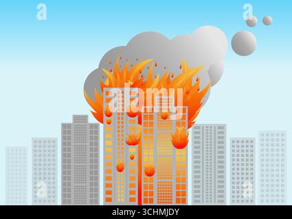 Building on fire. Burning Building. Skyscrapers on Fire from War, Earthquake, Bomb Explosion. Vector Illustration. Stock Vector
