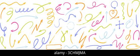 Crayon arrows set with swirls, loops, and bold brush strokes. Fun kids marker style Stock Vector