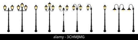 Set of Street Lamp. Vintage Street Light Post. Vector Illustration Isolated on White Background. Stock Vector