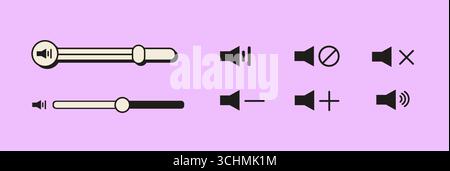 Retro vaporwave UI set with volume sliders and speaker icons for media interface. Mute, sound on, volume up and down symbols in 90s digital style Stock Vector