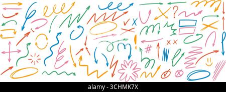 Hand drawn arrows with doodle elements, speech bubbles, crosses, and underline elements. Fun kids marker style Stock Vector