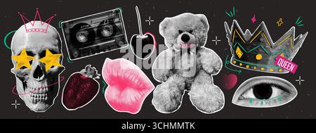 Retro halftone mixed media collage. Skull, cassette, strawberry, lip, cherry, toy bear, crown and eye with dotted effect and vintage style. Punk desig Stock Vector