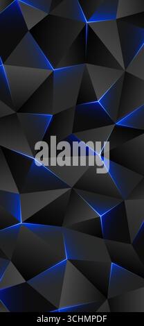 Dark low poly background. Abstract geometric smartphone wallpaper, bright shining broken lines, triangle. Gray blue triangles background. Polygonal Stock Vector