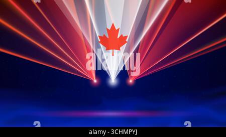Laser flag of canada. Canadian abstract national flag. Spotlight. Laser show on dark blue background. Template of banner, poster for national holiday Stock Vector
