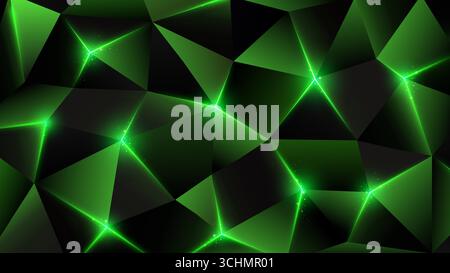 Dark low poly background. Abstract geometric metal backdrop, triangle. Green energy. Sparkling light through shining lines. Green triangles background Stock Vector