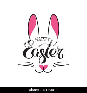 Happy Easter rabbit poster lettering. Easter bunny ears. Handwritten typography logo of a cute rabbit. Hand drawn funny bunny. Postal greeting card Stock Vector