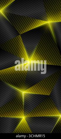 Carbon fiber low poly gold smartphone wallpaper. Abstract geometric background, triangles. Shining triangle. Gray golden yellow background. Polygonal Stock Vector