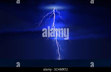 Thunder lightning. Dramatic thunderstorm with bright lightning against dark cloudy ominous sky. Blue nature thunderstorm background, night landscape Stock Vector
