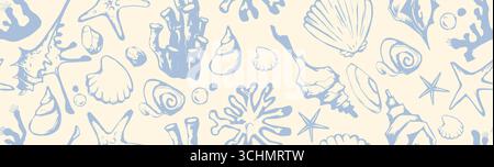 Nautical bg with boho shell seamless pattern for textile design - blue starfish, scallops and coral elements. Marine life motifs with seaweed and bubbles for beach themed decoration or fabric. Stock Vector