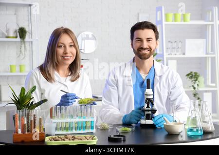 Agricultural engineers working at table in laboratory Stock Photo