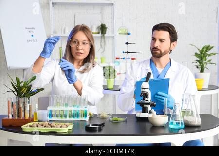 Agricultural engineers working with test tube in laboratory Stock Photo