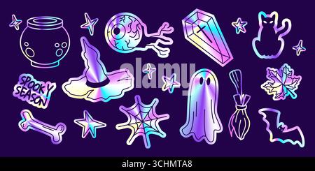 Holographic Halloween sticker set with iridescent ghost, witch hat, gradient coffin, eyeball and spooky cat on purple bg. Holiday elements with stars, spider web, bone and bat for October decorations Stock Vector