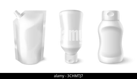 White sauce package set with bottle, pouch and squeeze container for condiments or liquid products. Blank doypack with spout, inverted tube and plastic jug. Mockup templates for food packaging design. Stock Vector