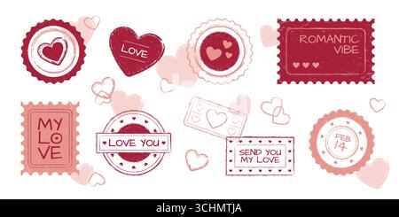 Valentine love stamp collection with red pink romantic postal marks, heart shaped designs, mail symbols for greeting cards. Round circular pretty badges with rectangular postage stickers. Stock Vector