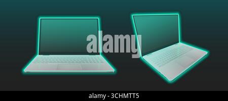 Laptop mockup with neon green glow effect and futuristic design for technology presentation. Silver notebook with luminous screen, keyboard and edges on dark background. Digital device template. Stock Vector