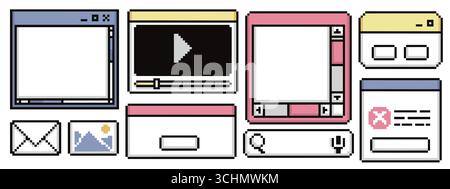 Pixel frame ui collection with retro browser windows, video player and application interfaces. 8 bit style borders with buttons, search bars and controls. Digital nostalgic elements for web design. Stock Vector