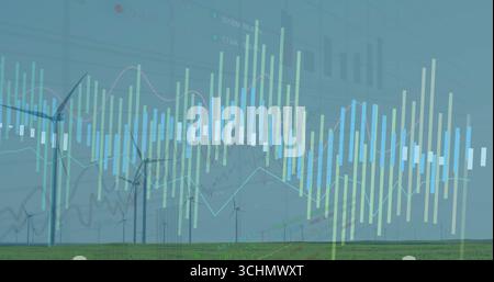 Showing wind turbines spinning on rural plain, with vertical bar charts and line graph overlays Stock Photo
