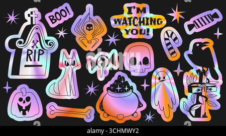 Halloween holographic stickers with gradient colors - spooky ghost, skull and spider, tombstone with RIP text, cauldron and witch cat on black background. Mystical elements with iridescent effect. Stock Vector