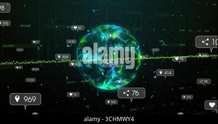 Rotating wireframe polygonal globe in digital network, with callout pin, share and heart icons Stock Photo