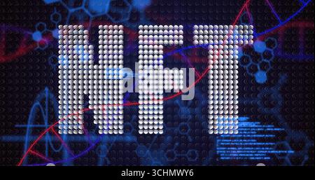 Displaying glowing dot-matrix NFT letters in digital grid, with light streaks, DNA strands and code Stock Photo
