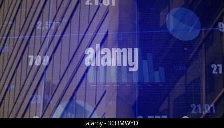 Displaying monthly bar chart over office with numeric overlays, circular segments and gridlines Stock Photo