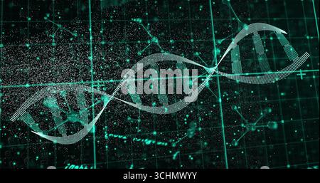 Floating DNA double helix rotating in digital environment, showing network nodes and data stream Stock Photo