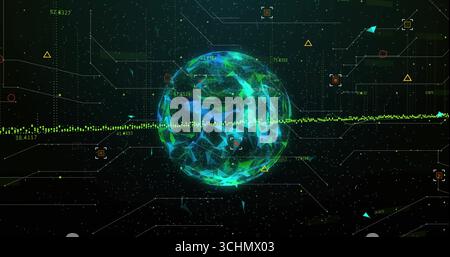 Displaying wireframe sphere with green and blue triangles on interface with waveform and numbers Stock Photo